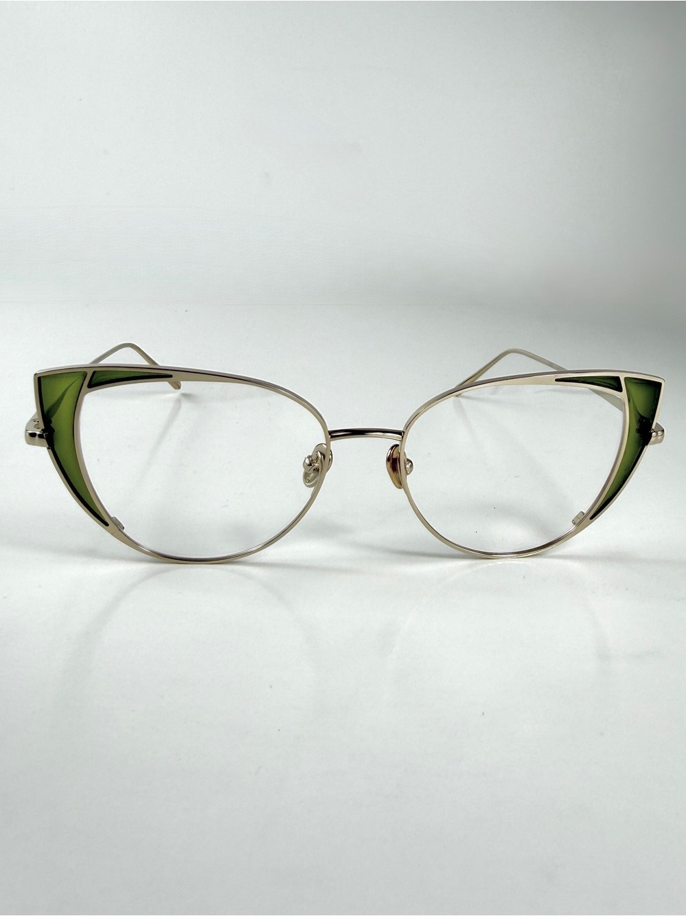 Linda Farrow Luxe Des Voeux Cat Eye Glasses Gold Green LFL855 C14 NWT Full Set